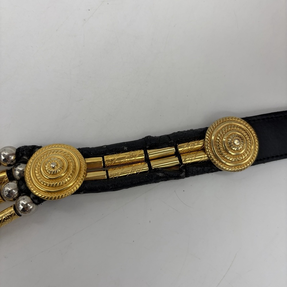 Vintage Avignon Womens M Belt Black Leather Silver & Gold Beading Boho Western - Picture 12 of 16